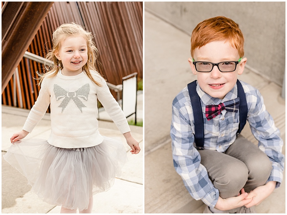 Child portraits. Young girl with silver tulle skirt and white sweater. Young boy in blue plaid shirt with blue suspenders and blue and red bowtie. 