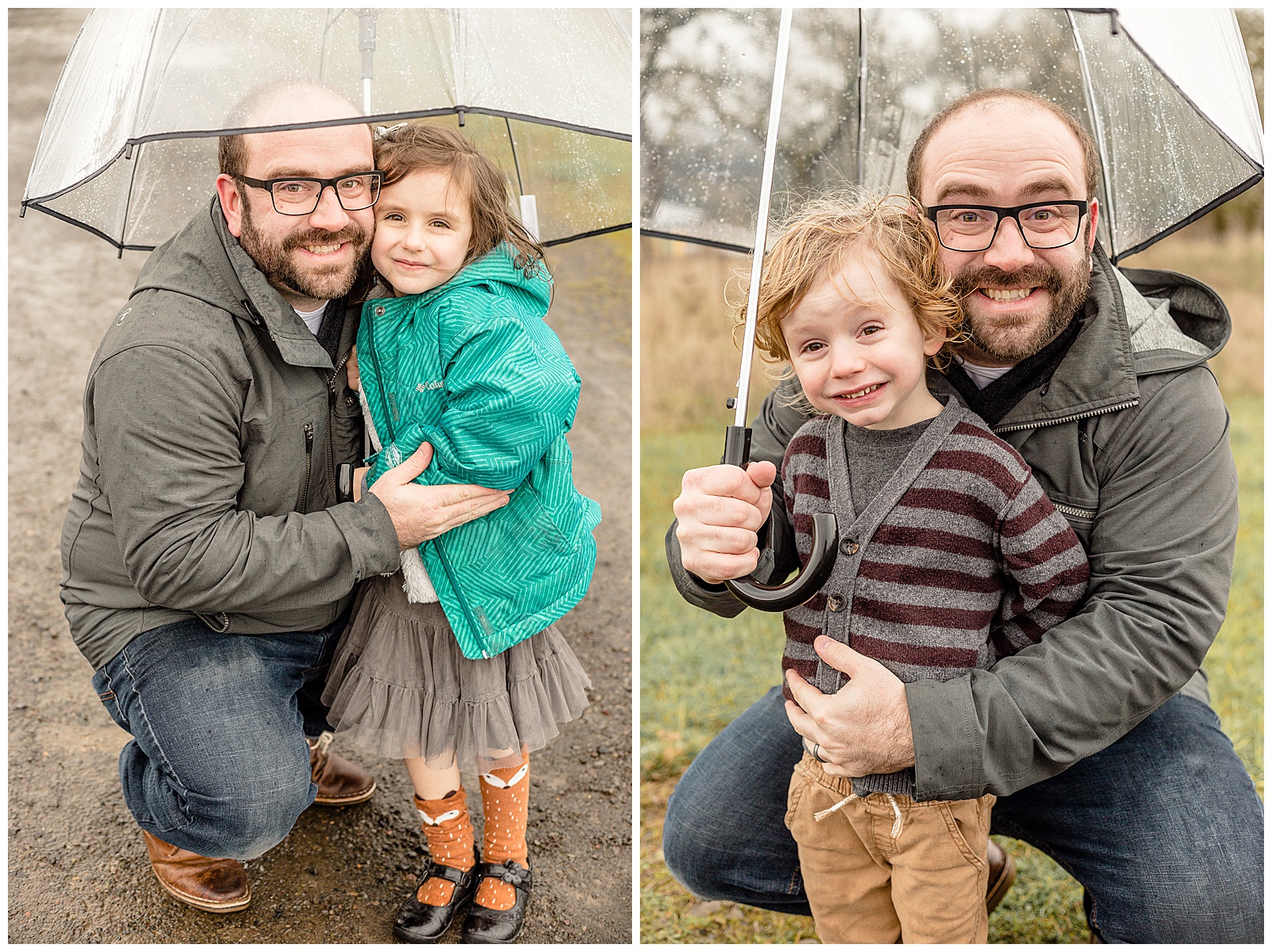 Dad with daughter, dad with son, out in the rain holding a clear umbrella