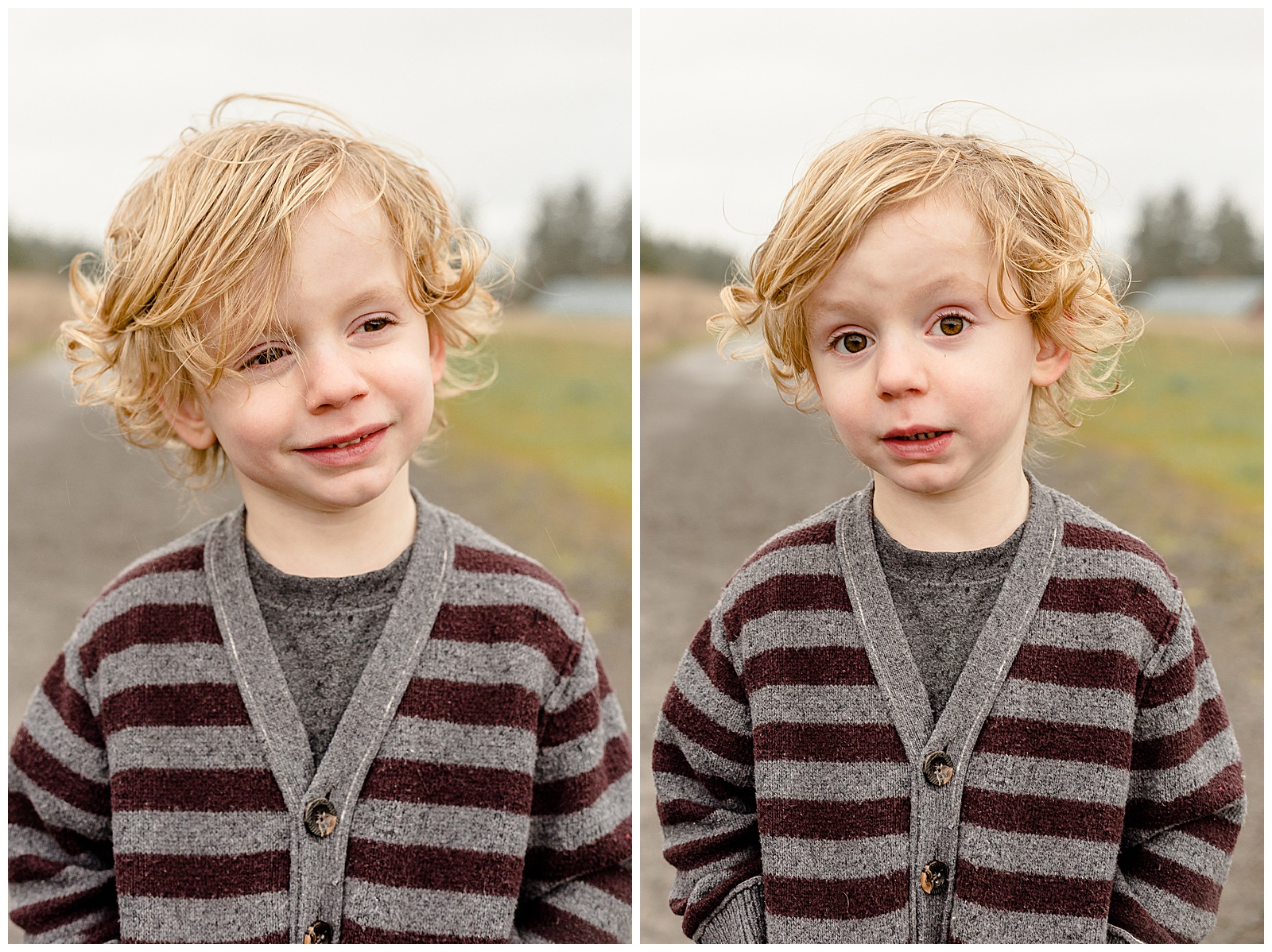 3 year old boy wearing grey and maroon sweater