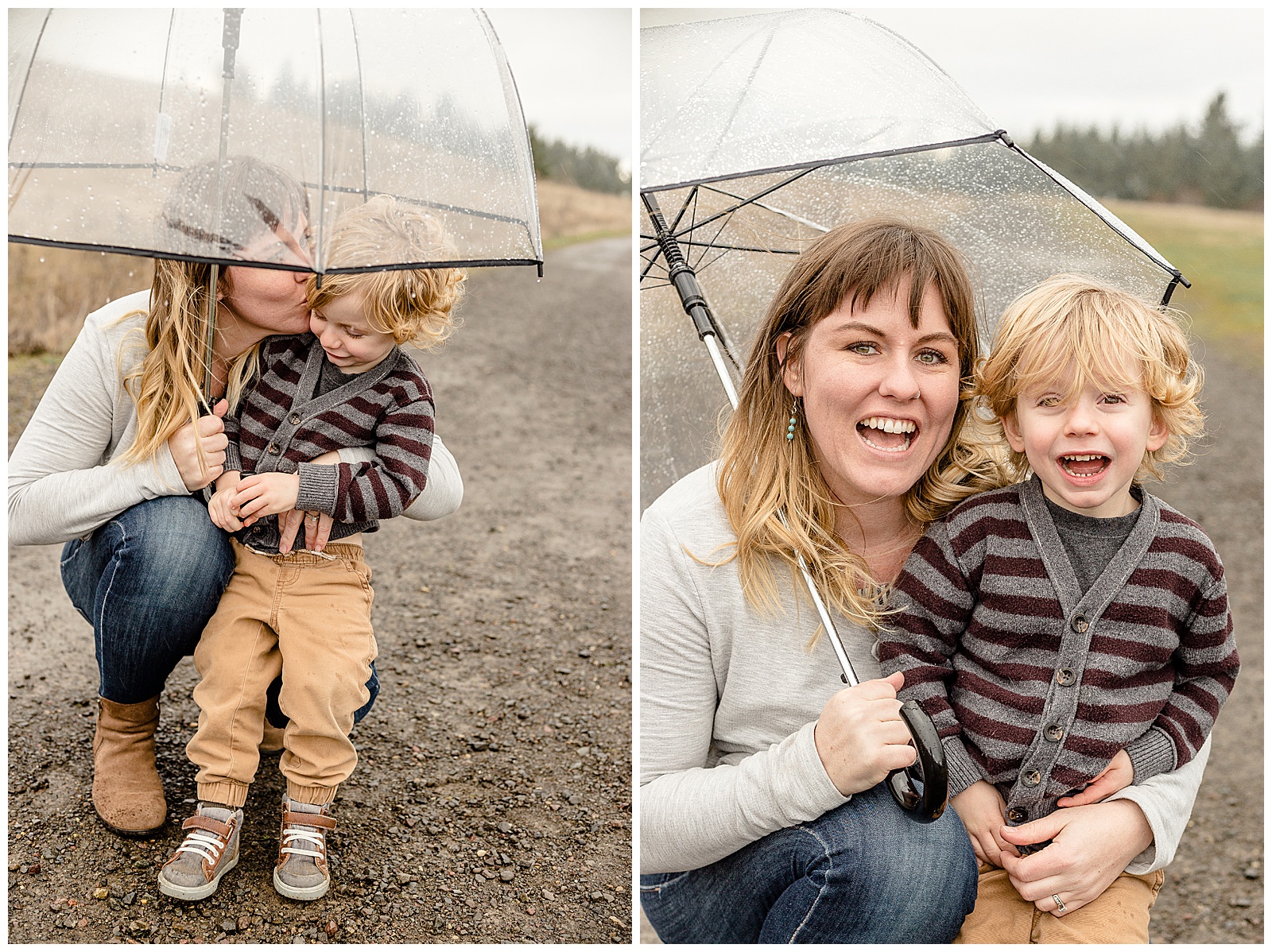 Mom and Son out in nature in neutral colors with clear umbrella