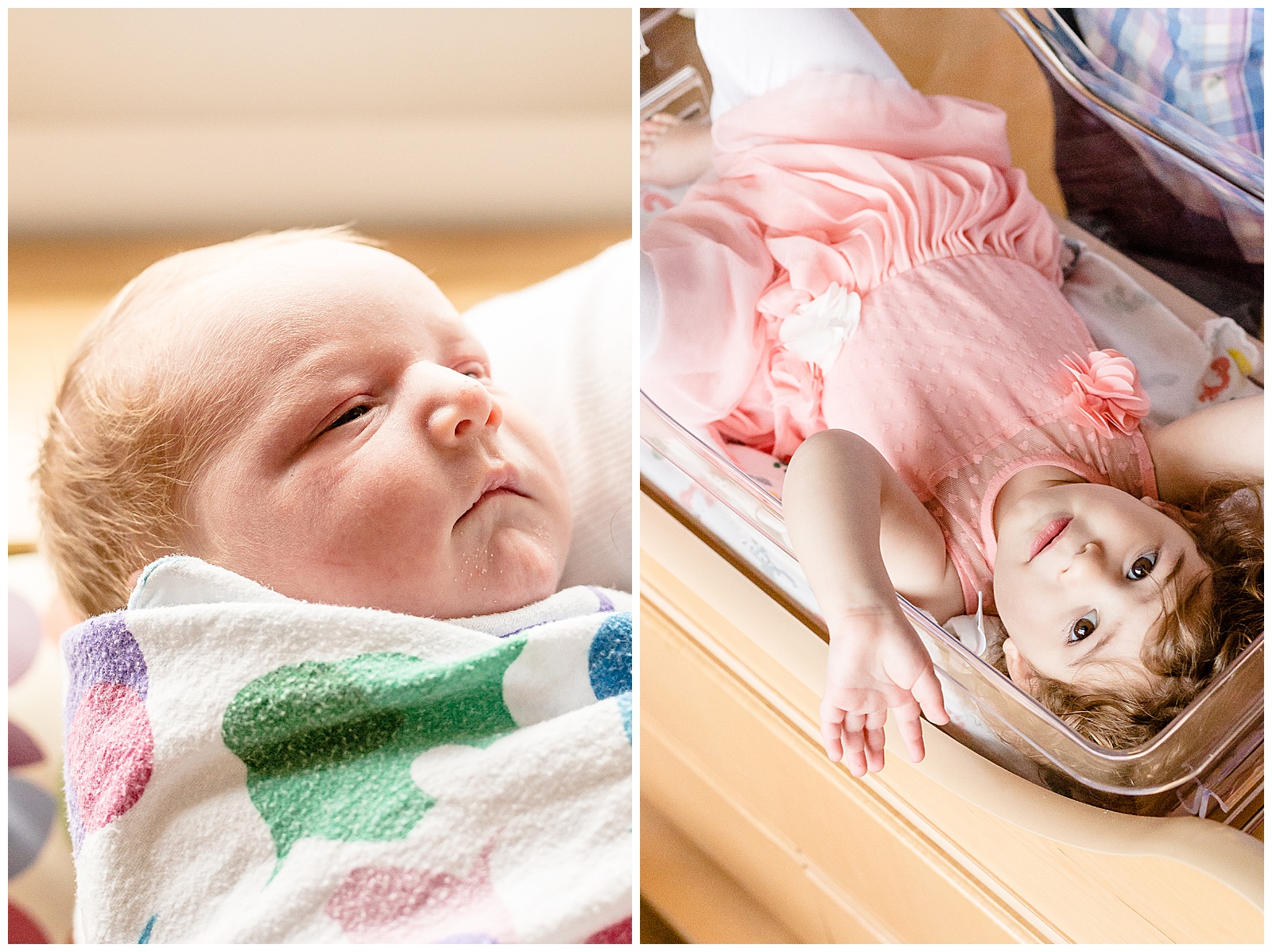 baby boy less than 48 hours old and 2 year old girl in pink dress