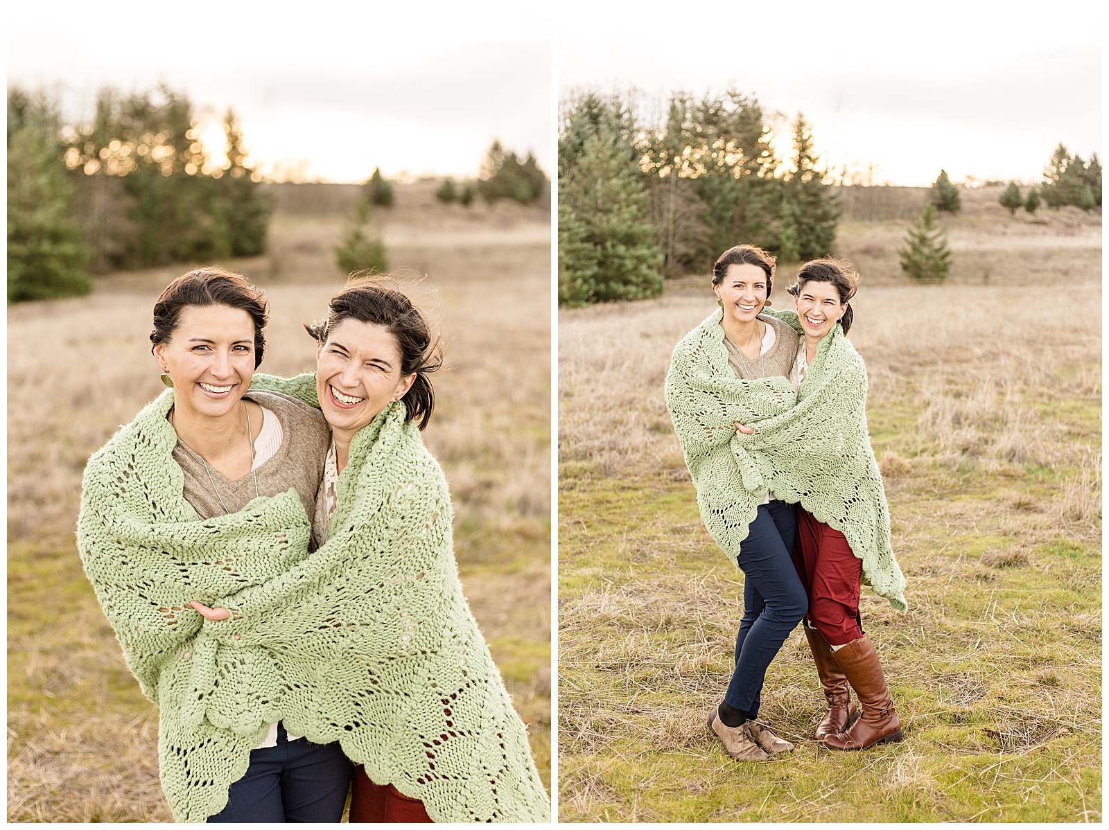 Sisters laughing at the camera wrapped up in a green blanket