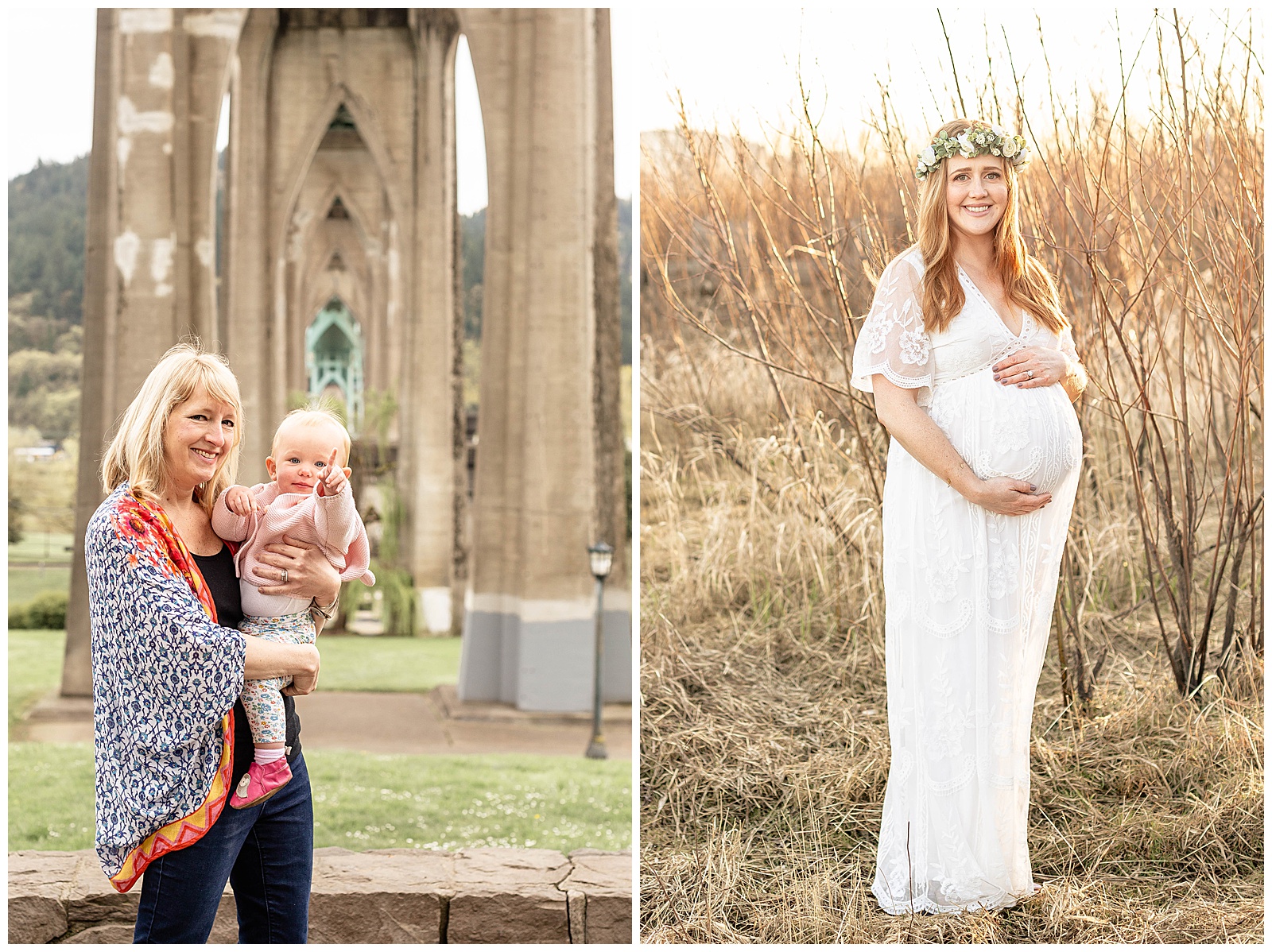Mother in white maternity gown and floral crown. And mother and one year old daughter.