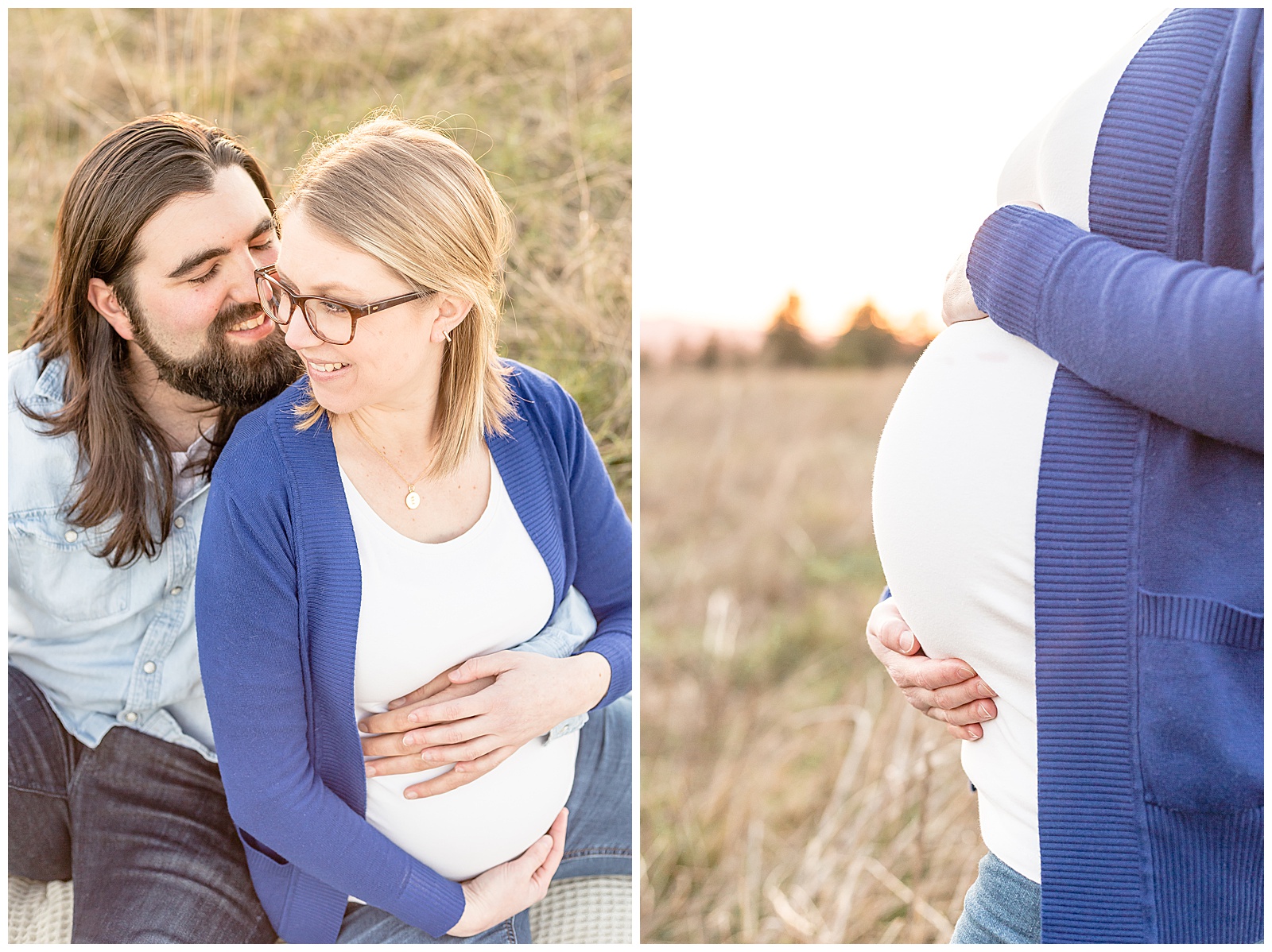 Pregnant Mom in white shirt and blue sweater, dad in denim shirt and dark jeans. 