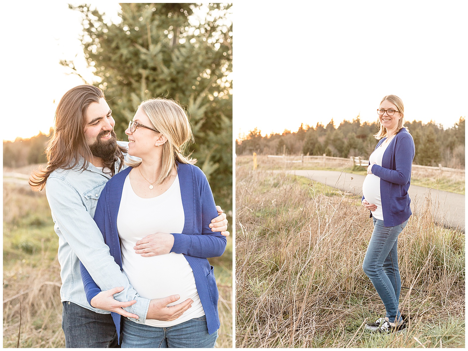 Pregnant Mom in white shirt and blue sweater out in nature