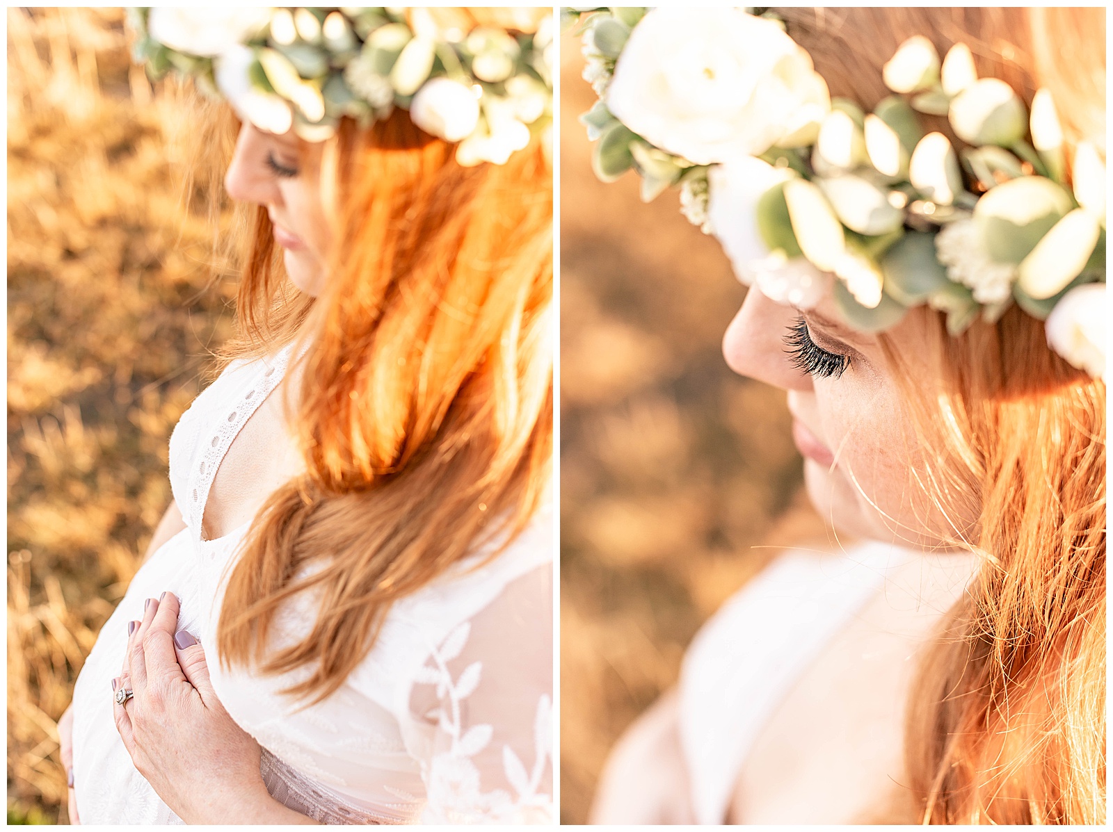 Maternity Photos with white lace dress and white and green floral crown