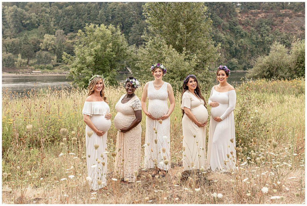 Group of pregnant women in flower crowns