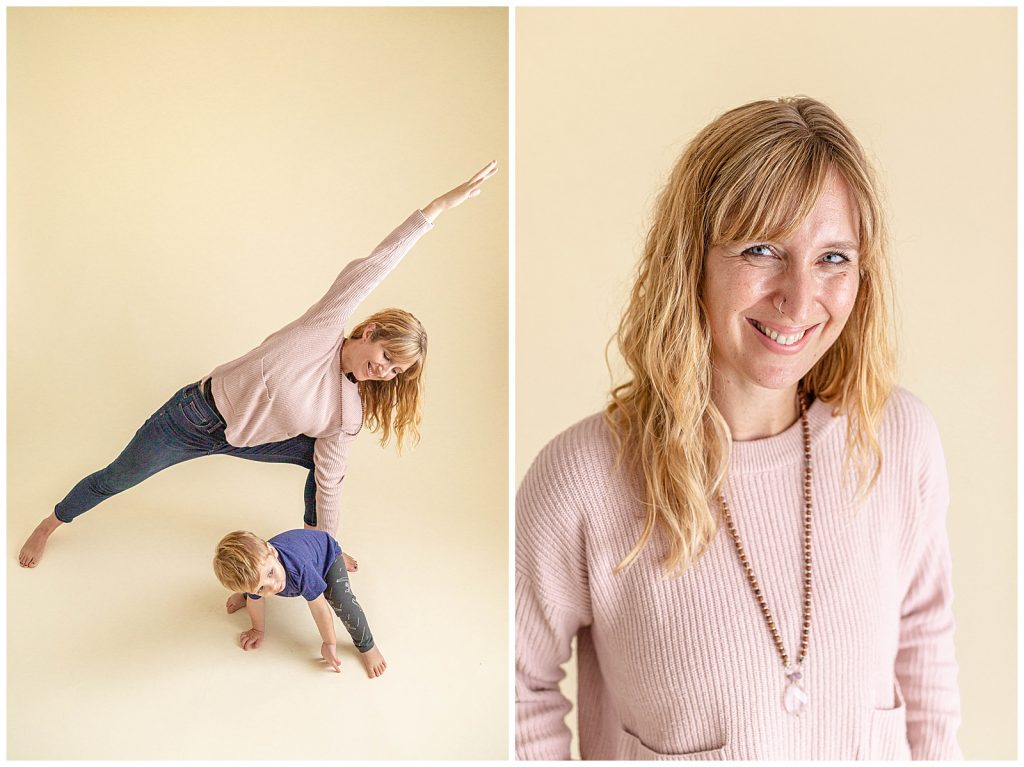 Woman doing yoga with her two year old son in photography studio.