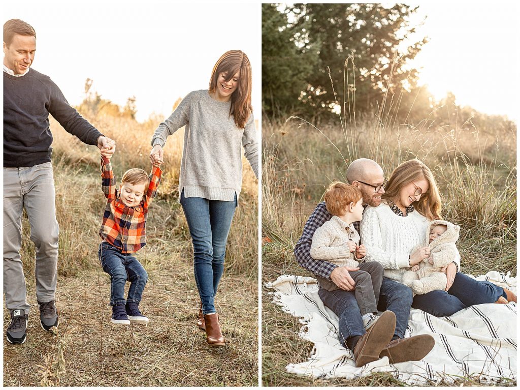 Family of three on the left swinging their two year old son between them, on the right is a family of four admiring their new baby