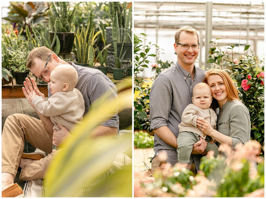 Nine month old baby portraits with mom & dad at Tony's Garden Center greenhouse