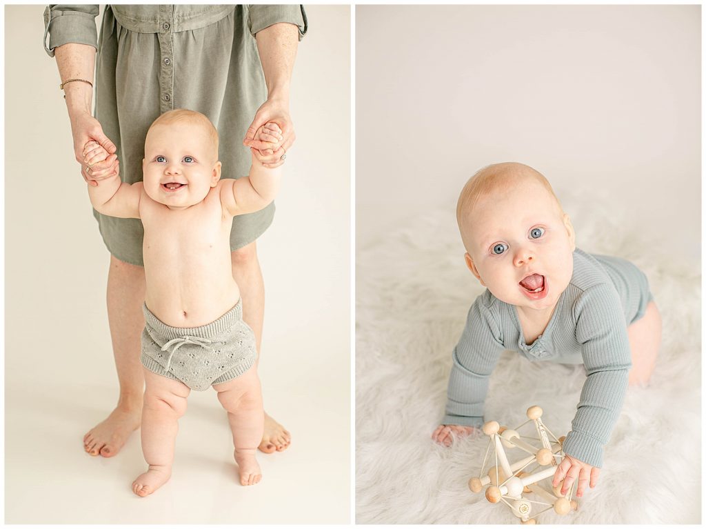 Nine month old baby milestone photography session in white studio