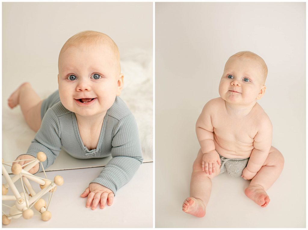 Baby nine month milestone studio photo session white backdrop