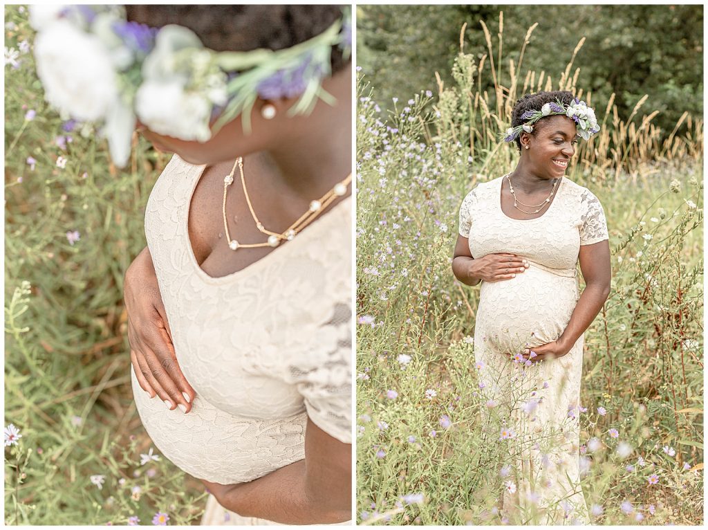 Pregnant Mom wearing a blush lace maternity gown with a floral crown for her maternity photography session in portland oregon