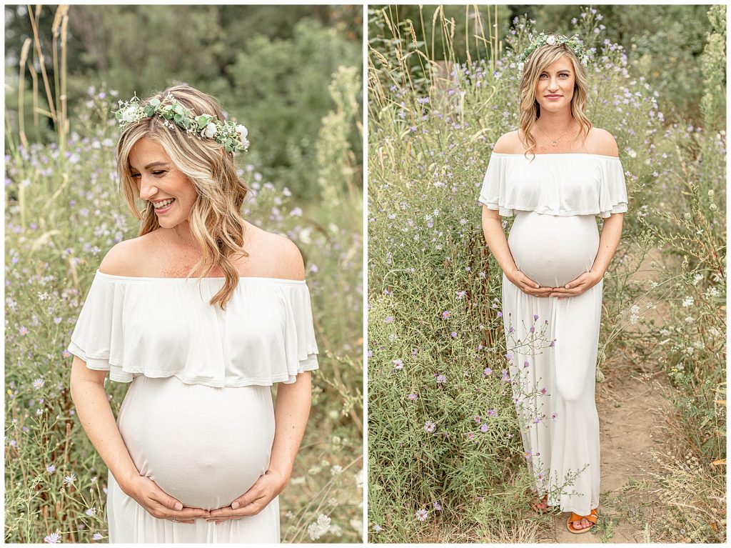 Pregnant Mom wearing a white Pink Blush maternity gown with a floral crown for her maternity photography session in portland oregon