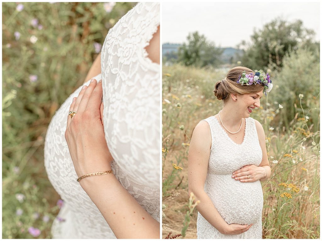 Pregnant Mom wearing a white lace Pink Blush maternity gown with a floral crown for her maternity photography session in portland oregon