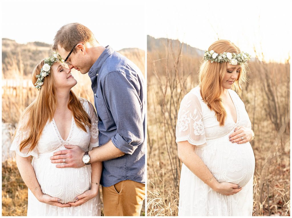 Maternity photo shoot, woman in white lace dress from Pink Blush, Dad in blue shirt with khaki pants