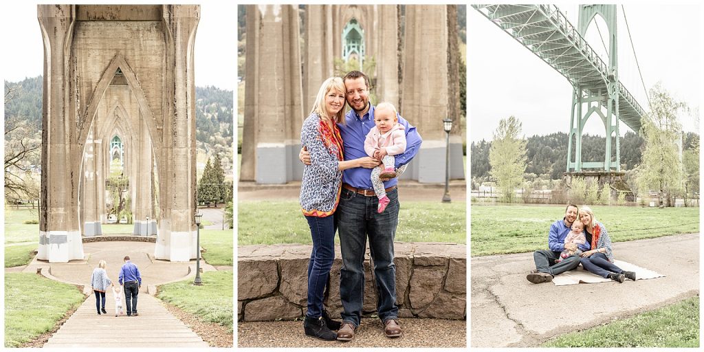 family portraits at Cathedral park with parents and one year old daughter