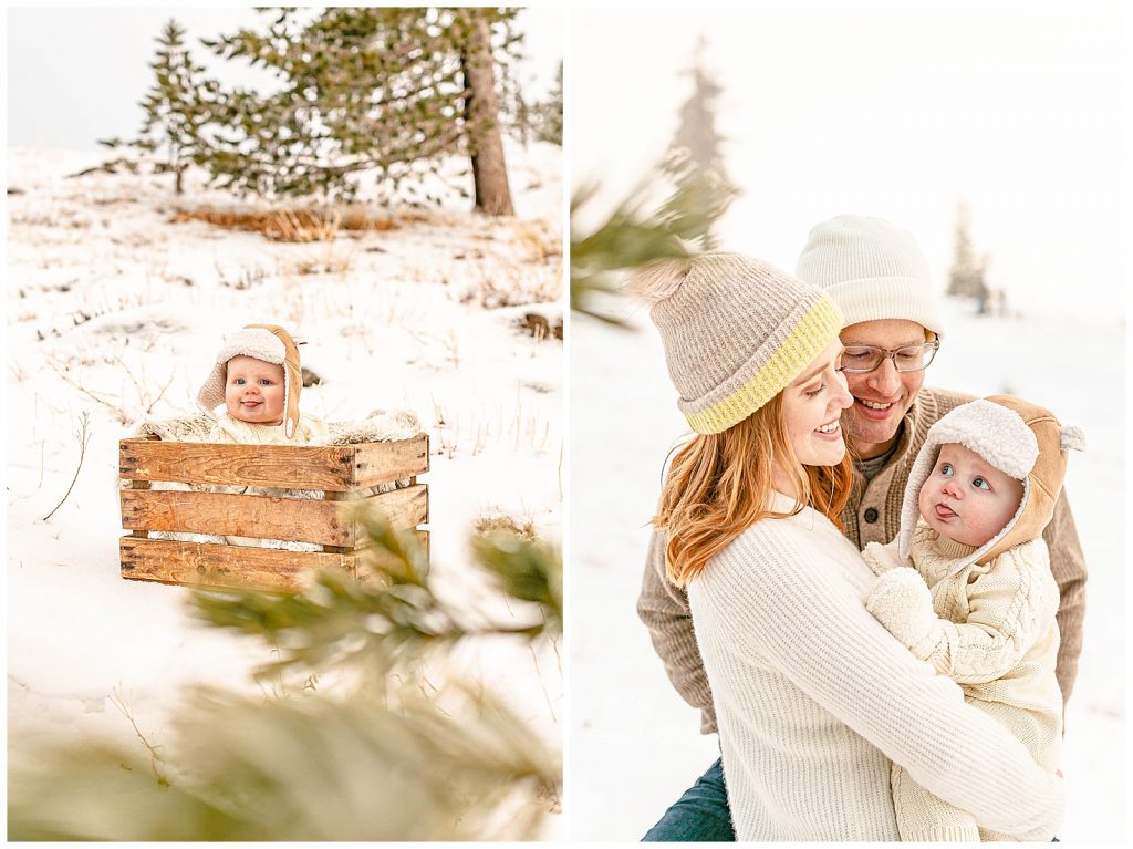 Mom Dad and Baby portraits in the snow in winter