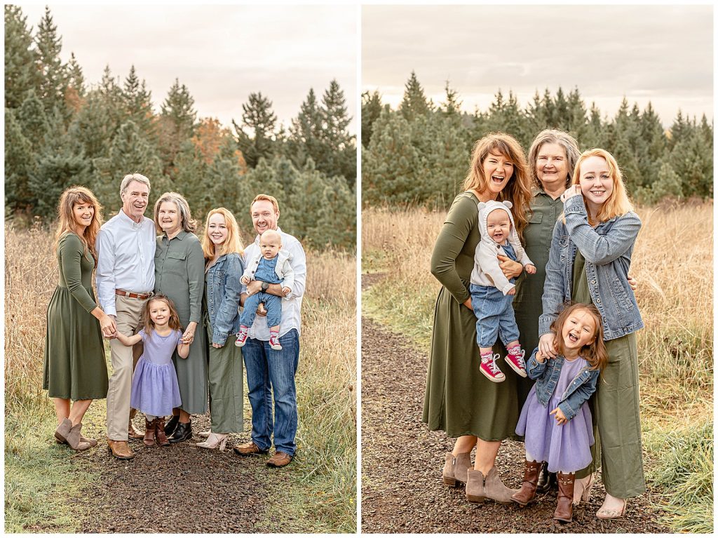 family photo session with tall pine trees in the background in Beaverton Oregon