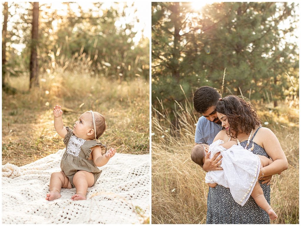 Mom Dad and Baby girl at natural area with beautiful sunlight shining through