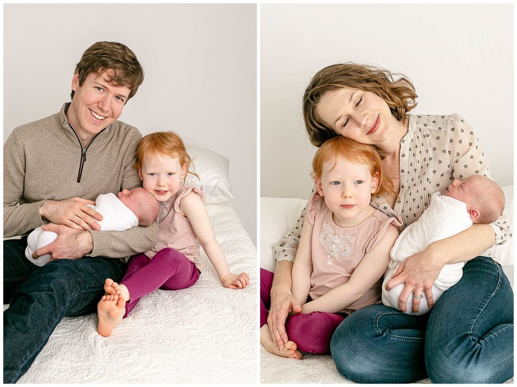 Dad with his two babies, Mom with her two babies. Family dressed in neutral colors. Fresh, Modern Newborn Photos