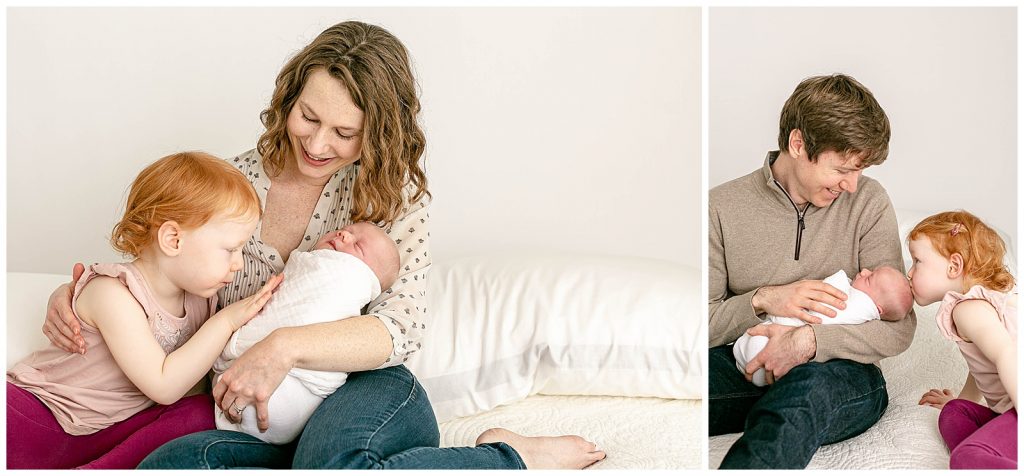 Portland Newborn Photography Session, Parents each photographed separately with their two babies