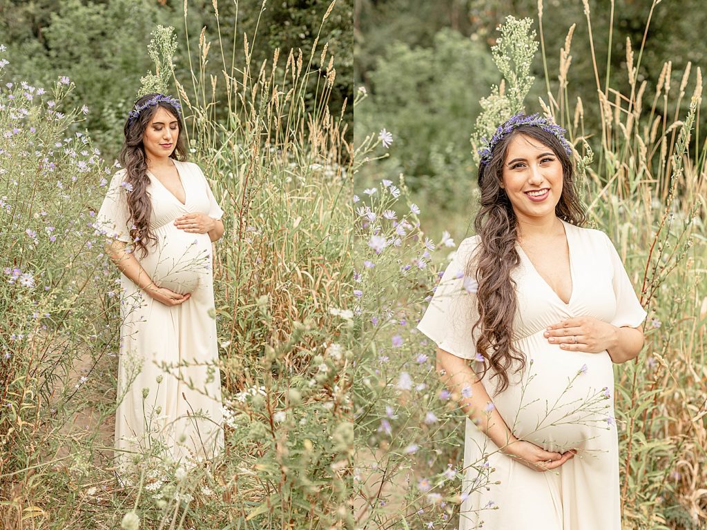 Latina pregnant woman in nature posing for maternity portraits