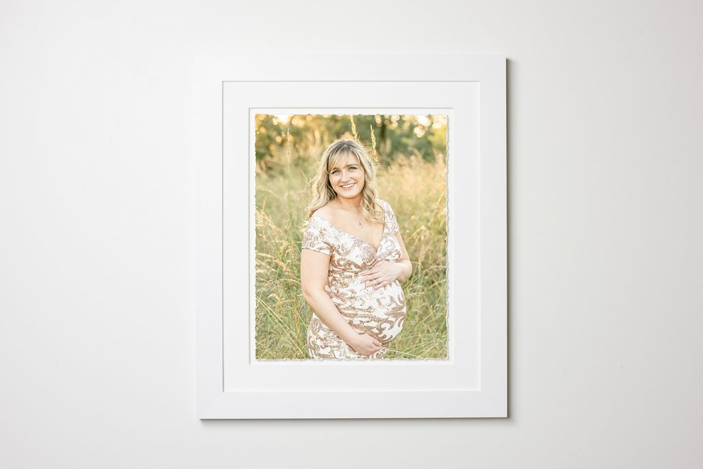 White Framed Deckled Maternity Portrait of woman in white & gold dress 