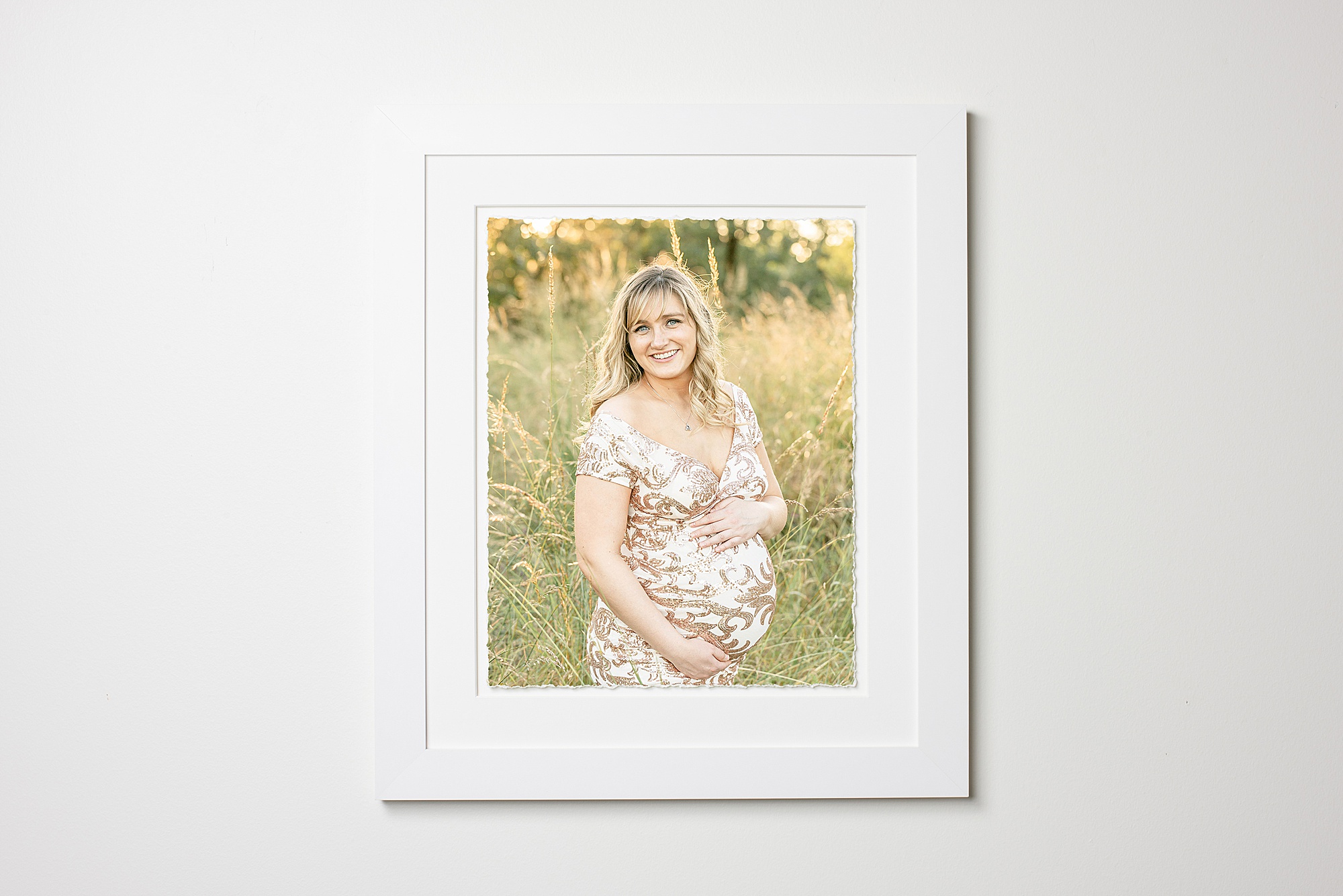 White Framed Deckled Maternity Portrait of woman in white & gold dress