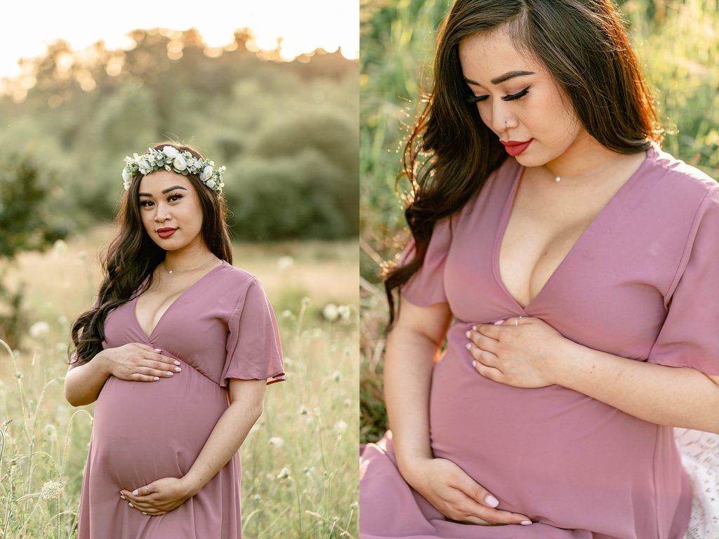 pregnant woman in burgundy dress in nature wearing a flower crown and holding belly