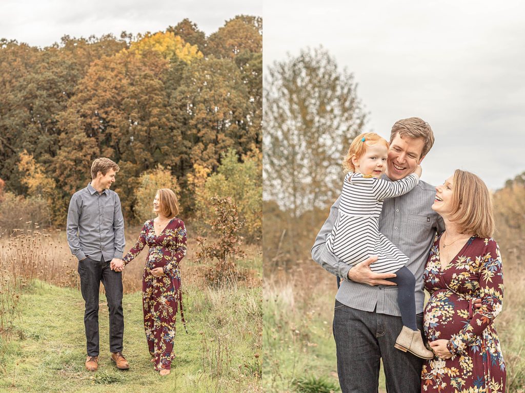 Family of three out in nature for maternity portraits