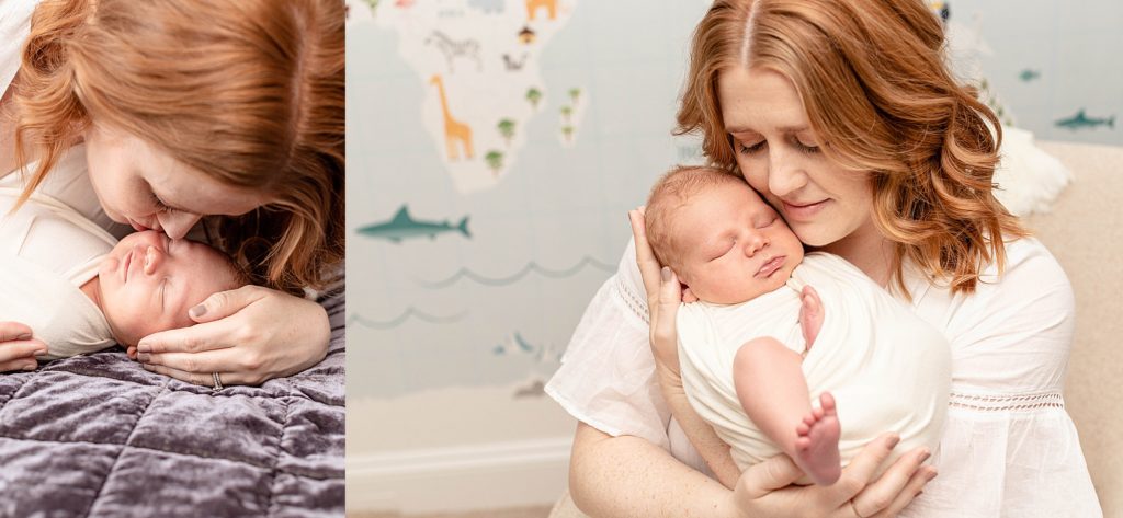 Light-skinned mom with red hair sweetly holding newborn baby in nursery - documenting baby's first year