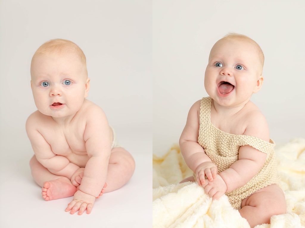 six month old baby with light skin in portrait studio - documenting baby's first year