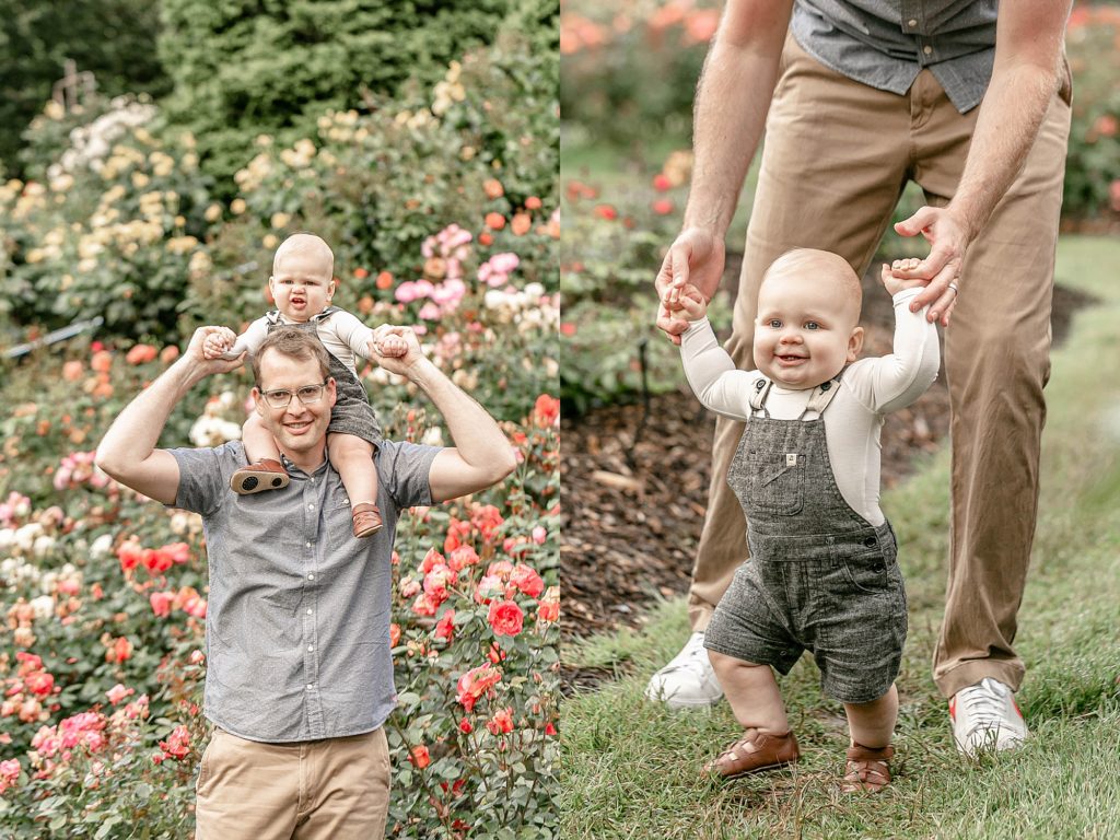 Light-skinned dad and one year old baby boy in the rose gardens