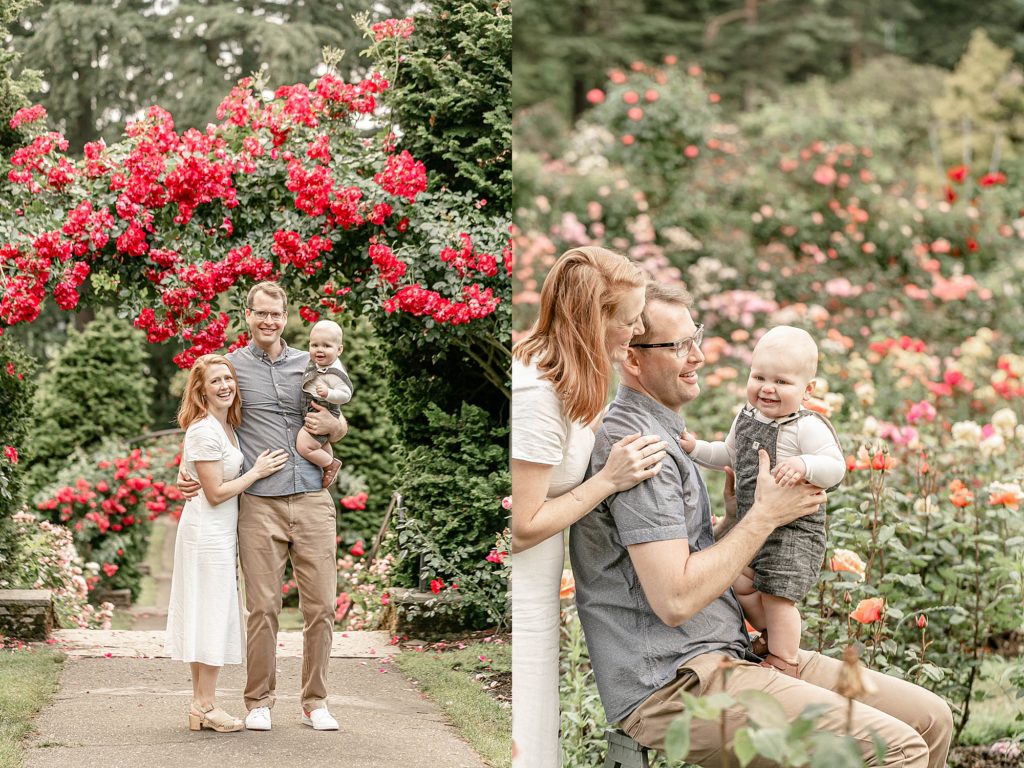 Light-skinned family with one year old baby in the rose gardens to document baby's first year