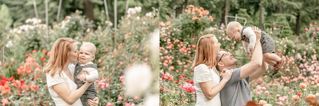 Family of 3 in the Rose Gardens for One Year old photo session - documenting baby's first year