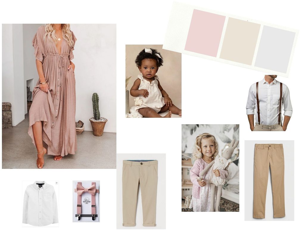 Family Photo Session Styling Board with pink, beige and white as color schemes