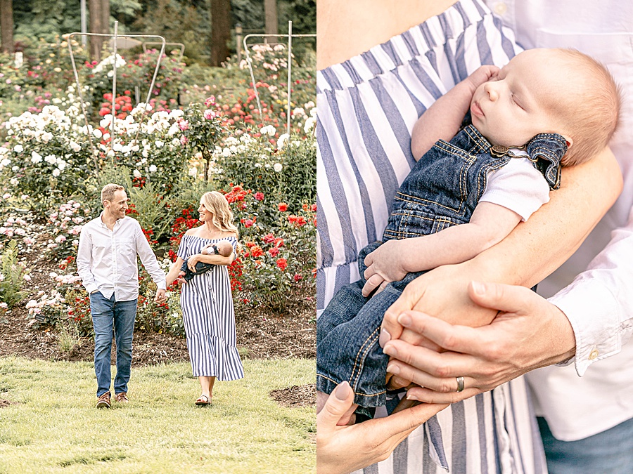 light-skinned family with newborn baby walking outside in the Portland Oregon Rose Gardens