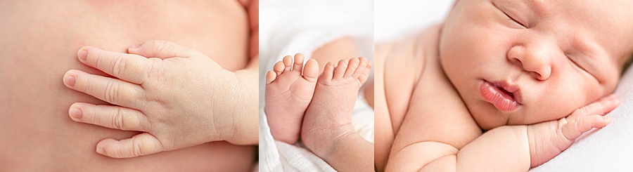 close up photos of baby hands, feet and face during newborn portrait session in portland oregon