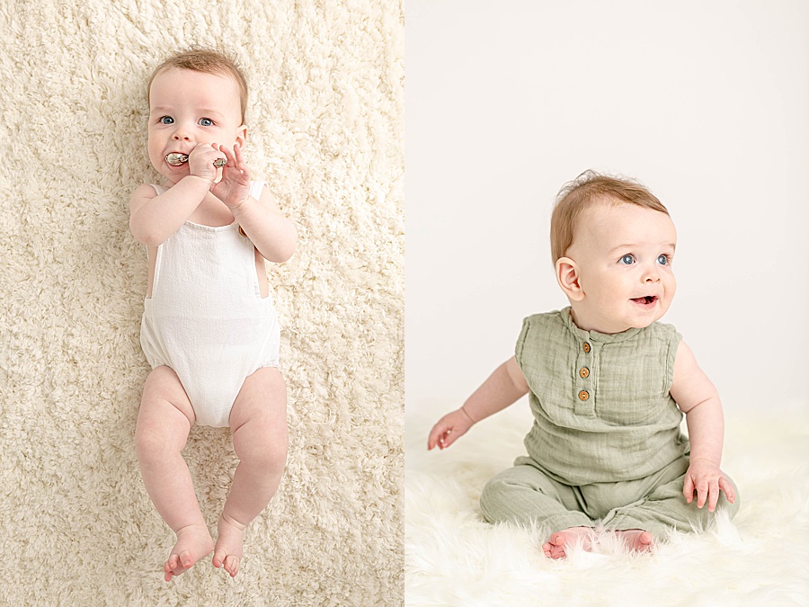light-skinned baby in cute baby outfits for six month milestone session in portland oregon photography studio