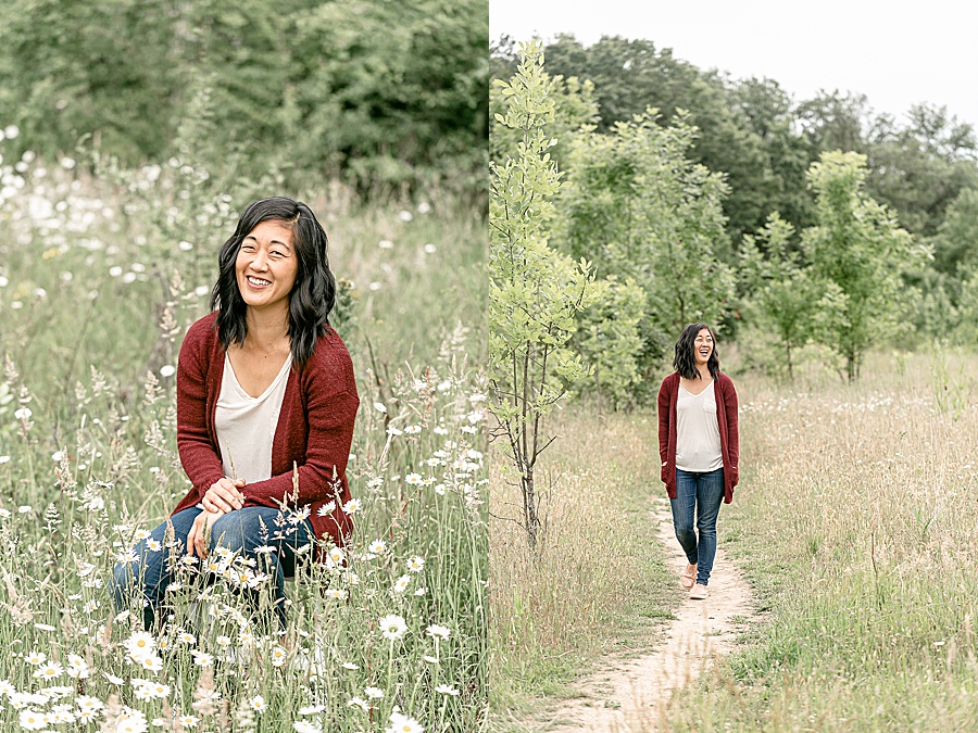 woman walking in nature during headshot session