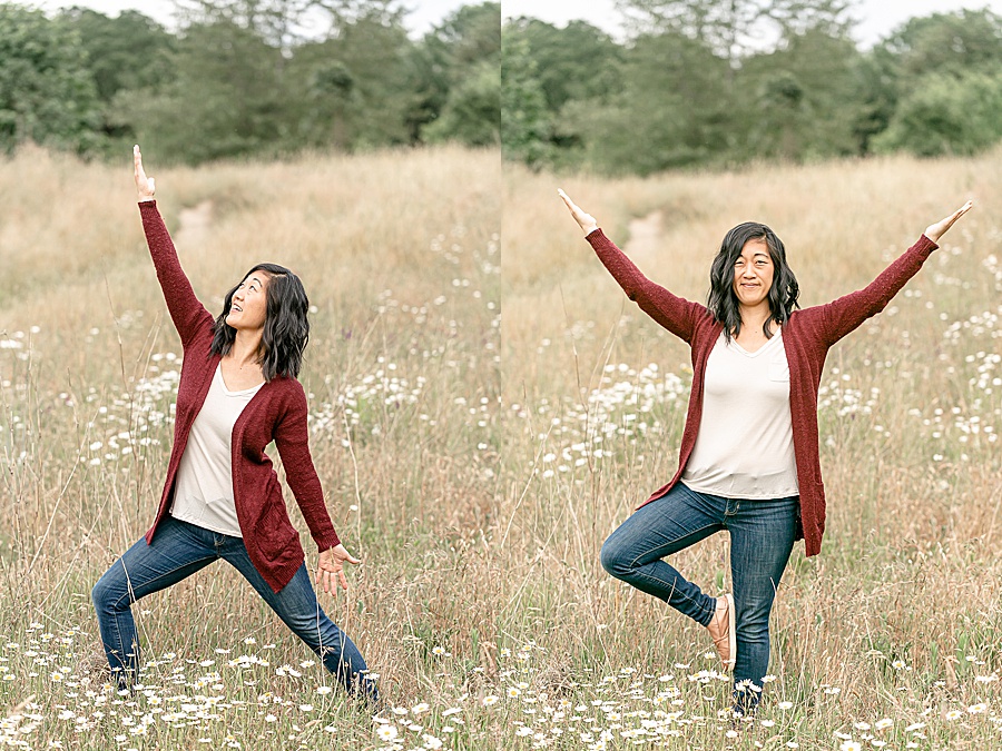 Whitney Handrich doing yoga poses out in nature during headshot session