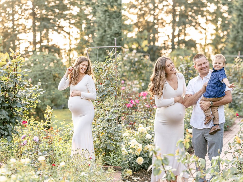 Light-skinned pregnant woman in long white dress in the portland rose gardens for portland family maternity photography session