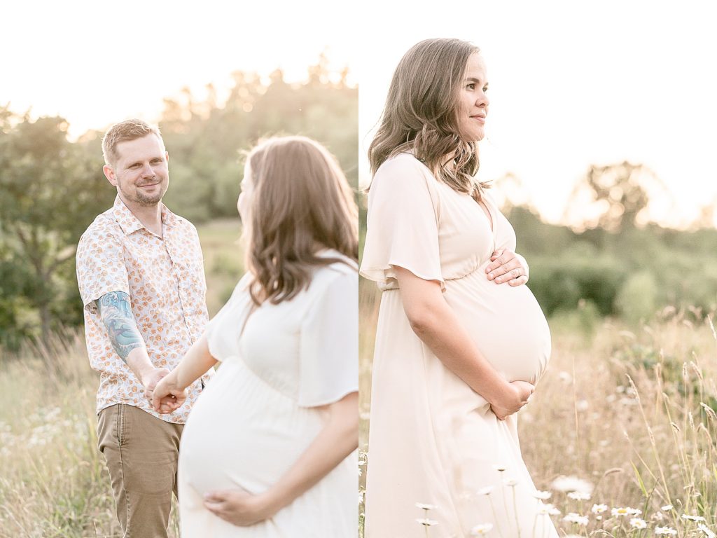 light-skinned pregnant woman in a cream dress out in nature for outdoor maternity couple photo session at sunset
