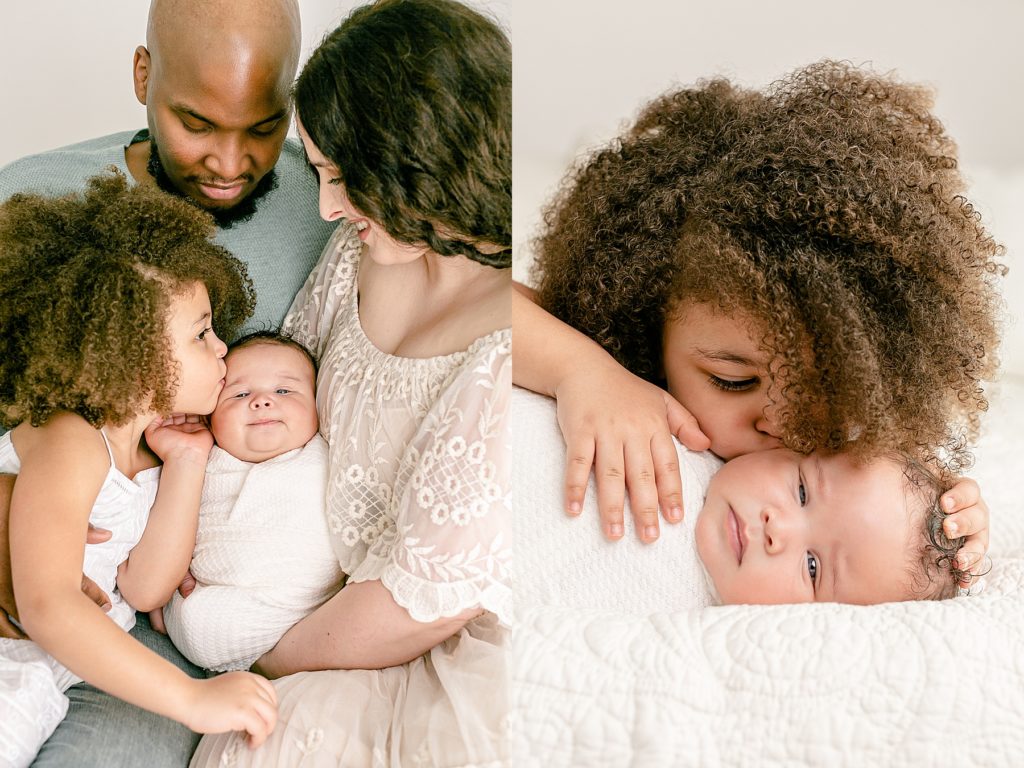 big sibling photos with new baby during newborn portrait session pdx photography studio