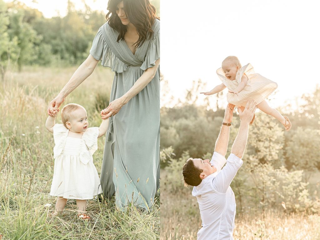 Mom with one year old girl and dad with one year old daughter dressed in sage green, cream, and white color palette.