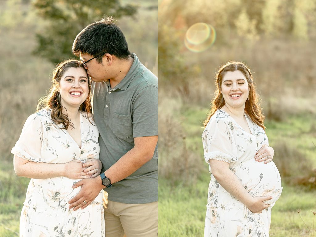 Woman in nature in white floral dress and husband in a green shirt & khaki pants posing for the best maternity photographer in Portland Oregon
