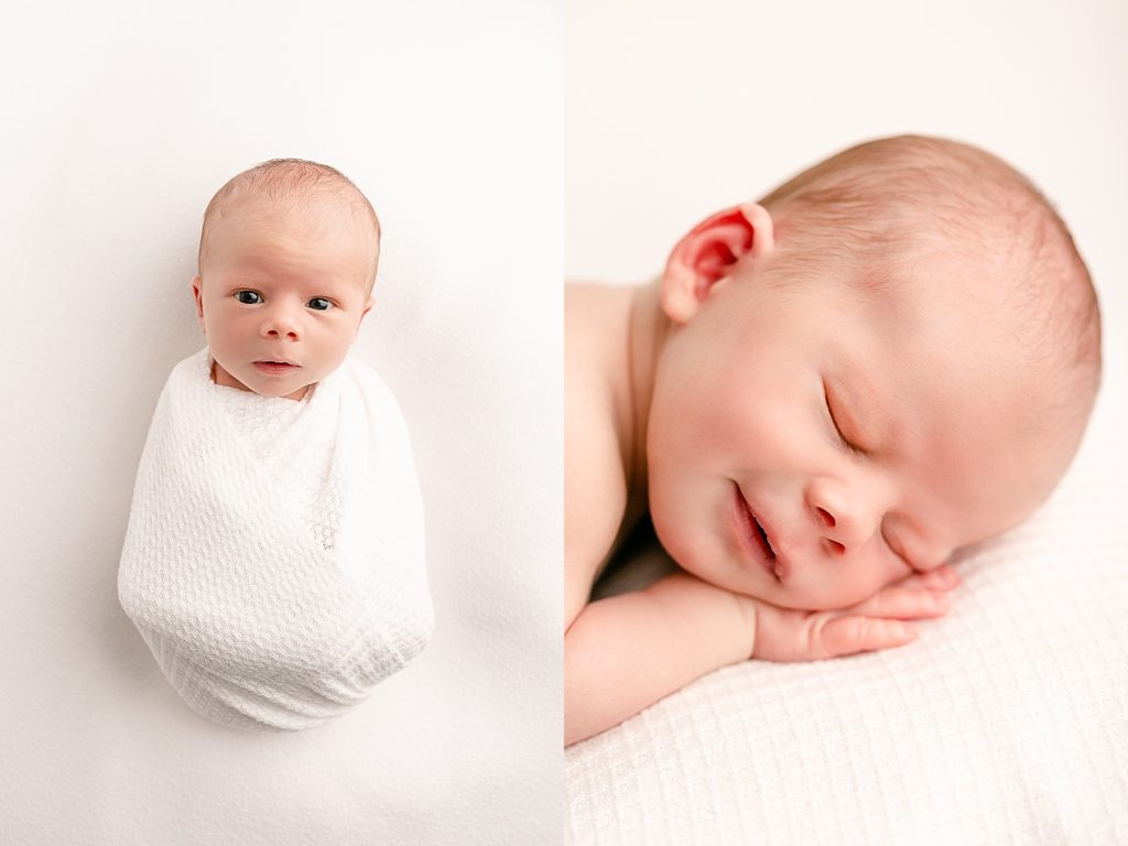 light-skinned baby on white backdrop during newborn photo session