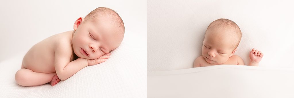 light-skinned newborn baby sleeping soundly for newborn portraits at portland oregon photography studio