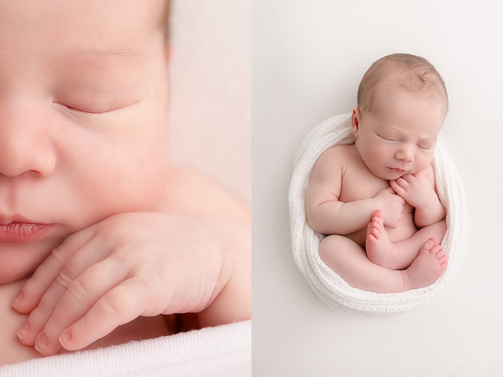 newborn baby wrapped in white for newborn photography session in Portland portrait studio